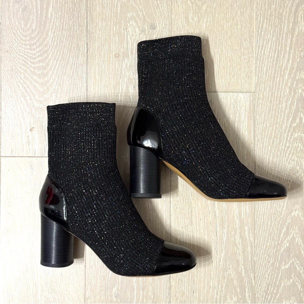 Sandro Paris Lyv Glitter Black Sock Boots with  Patent Leather Captoe - like new - Picture 4 of 6